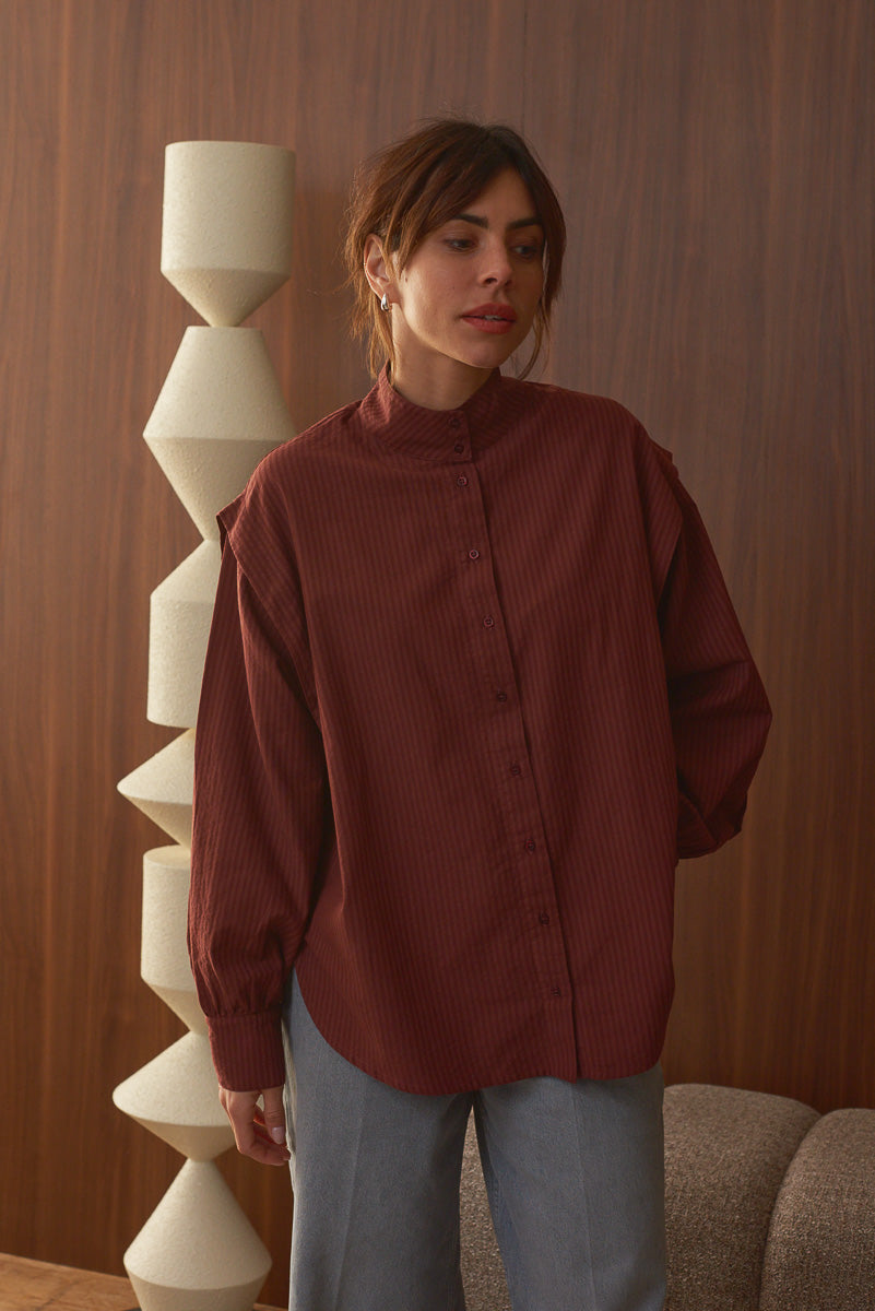 Chemise femme col officier coton brun Marlot Paris décor design