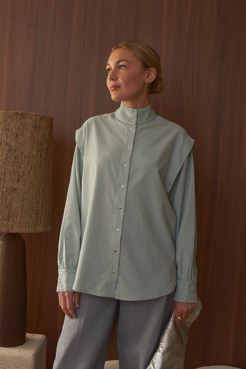 Chemise femme col officier coton vert céladon Marlot Paris