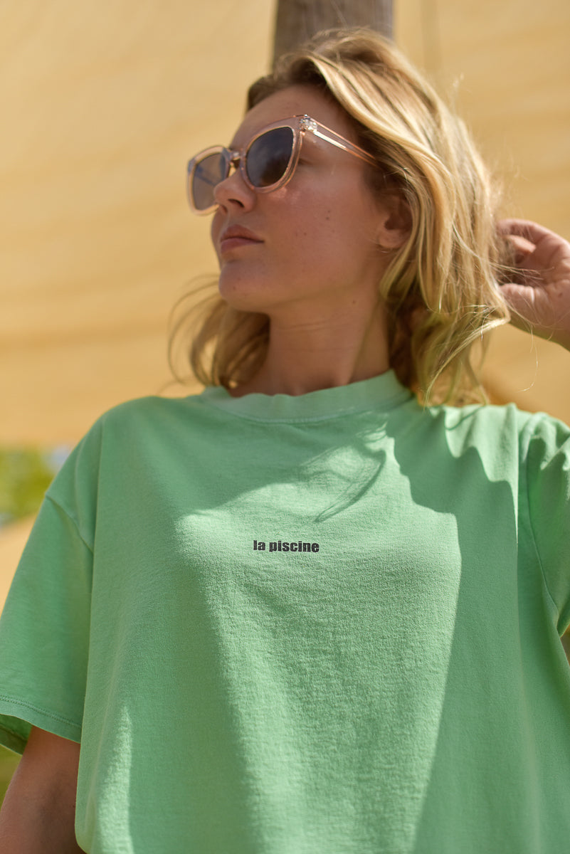 détail message la piscine tee shirt femme coton bio jil vert marlot paris