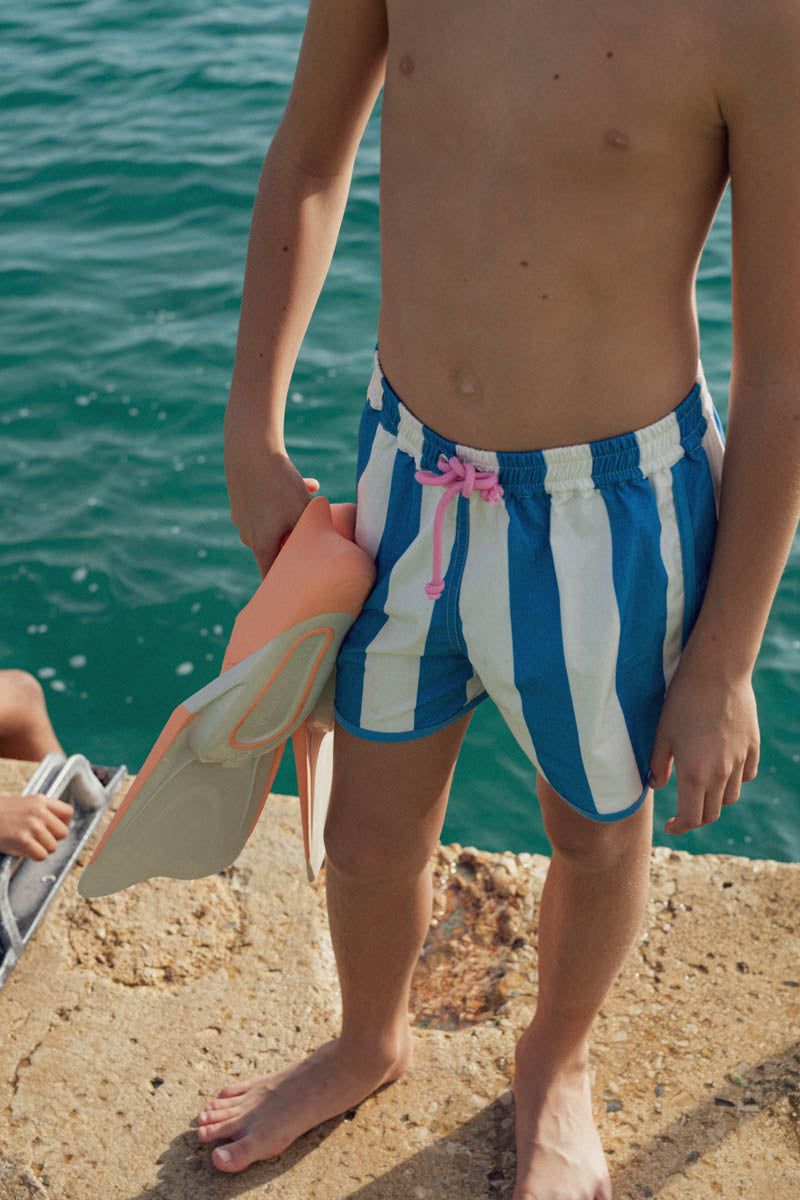 détail taille élastiqué short de bain ibiza rayé bleu marlot paris