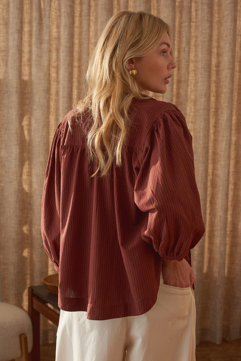 Vue de dos blouse femme bohème coton rayé brun Marlot Paris