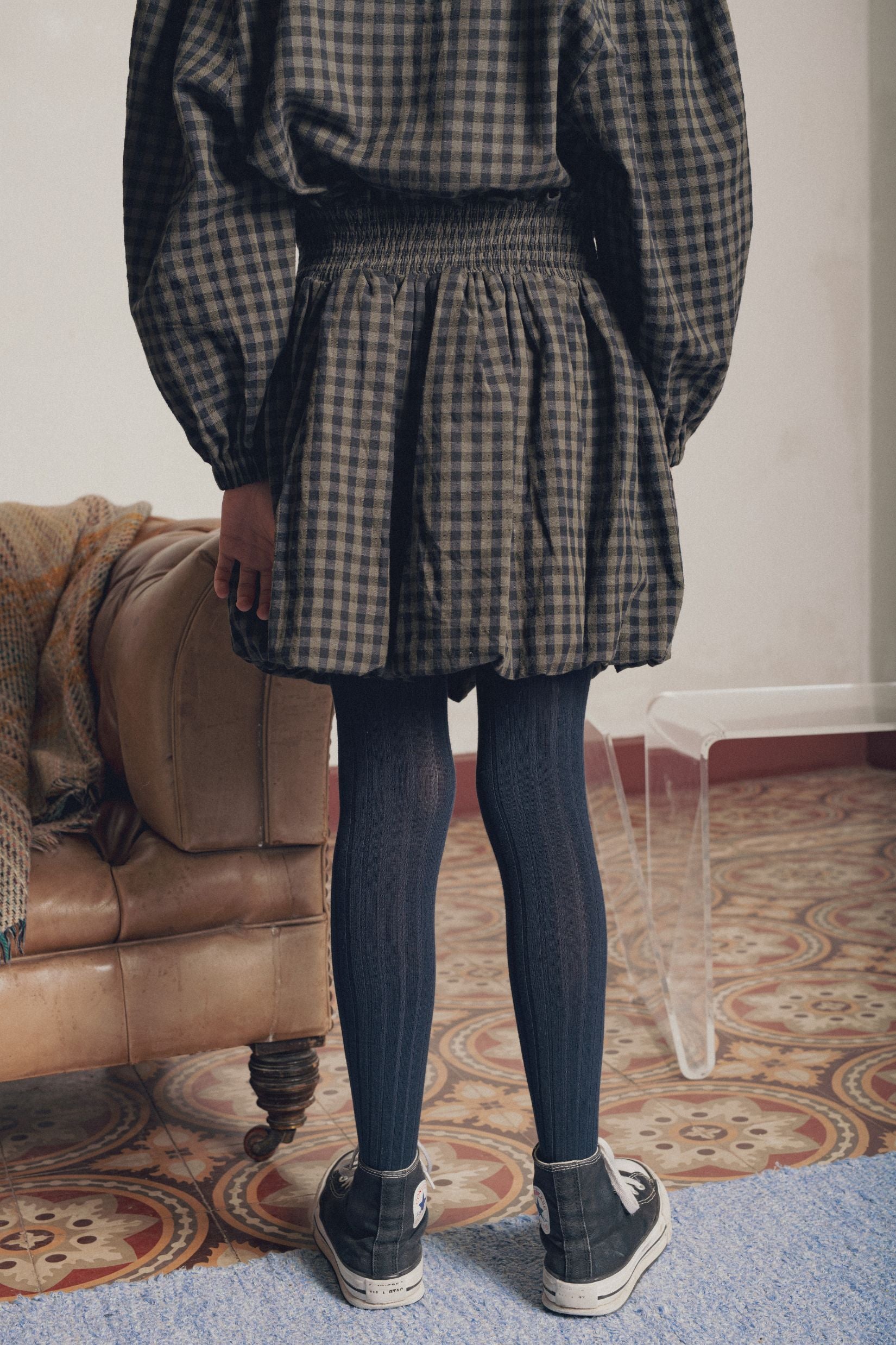 Vue de dos jupe boule fille carreaux kaki Marlot Paris