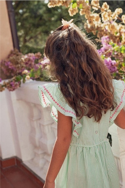 vue de dos volants broderie robe giulia rayé vert fille marlot paris
