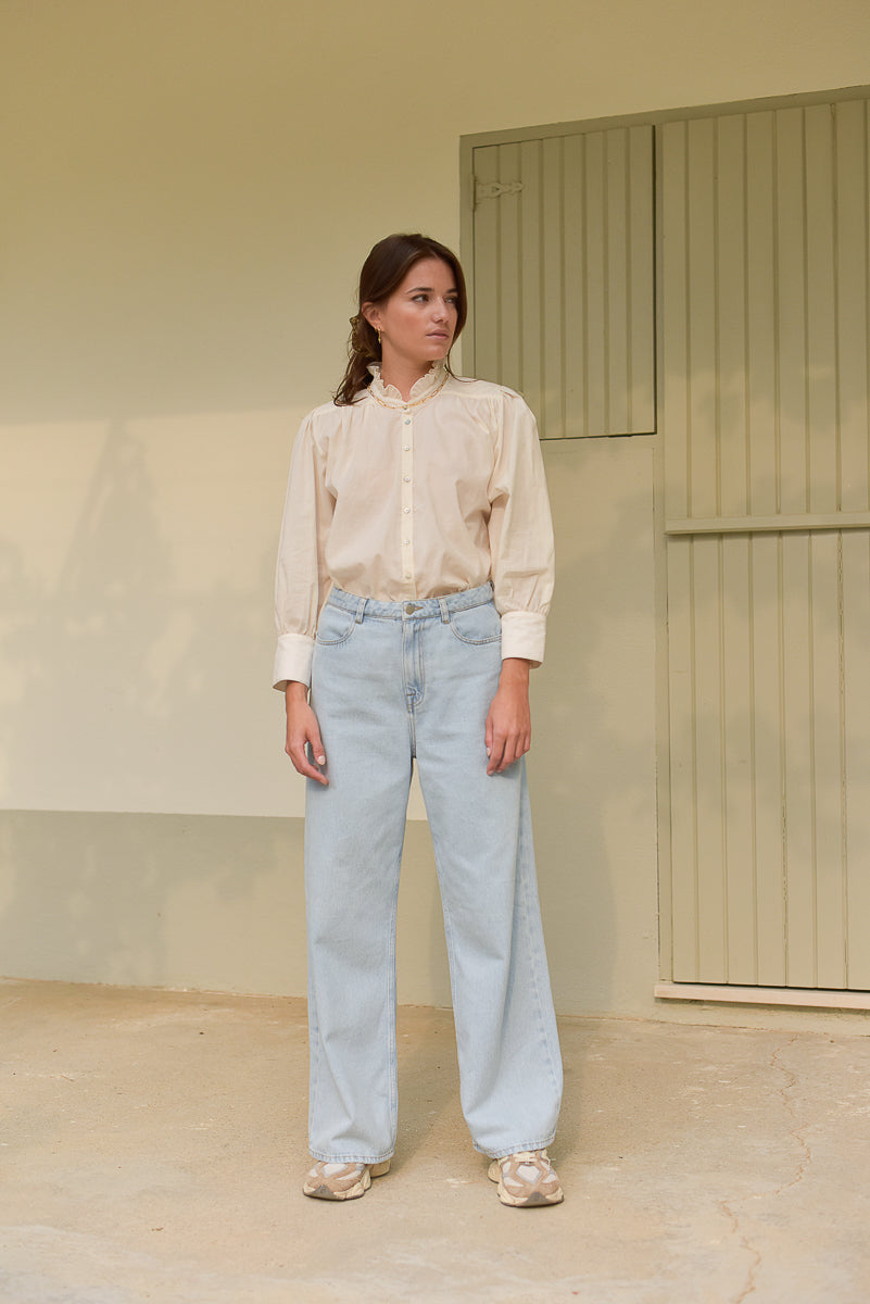 look femme jean wide legs clair blouse écrue marlot paris