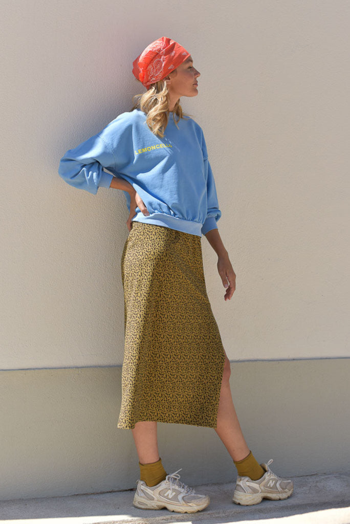 look femme jupe coton bio léopard et sweat bleu marlot paris