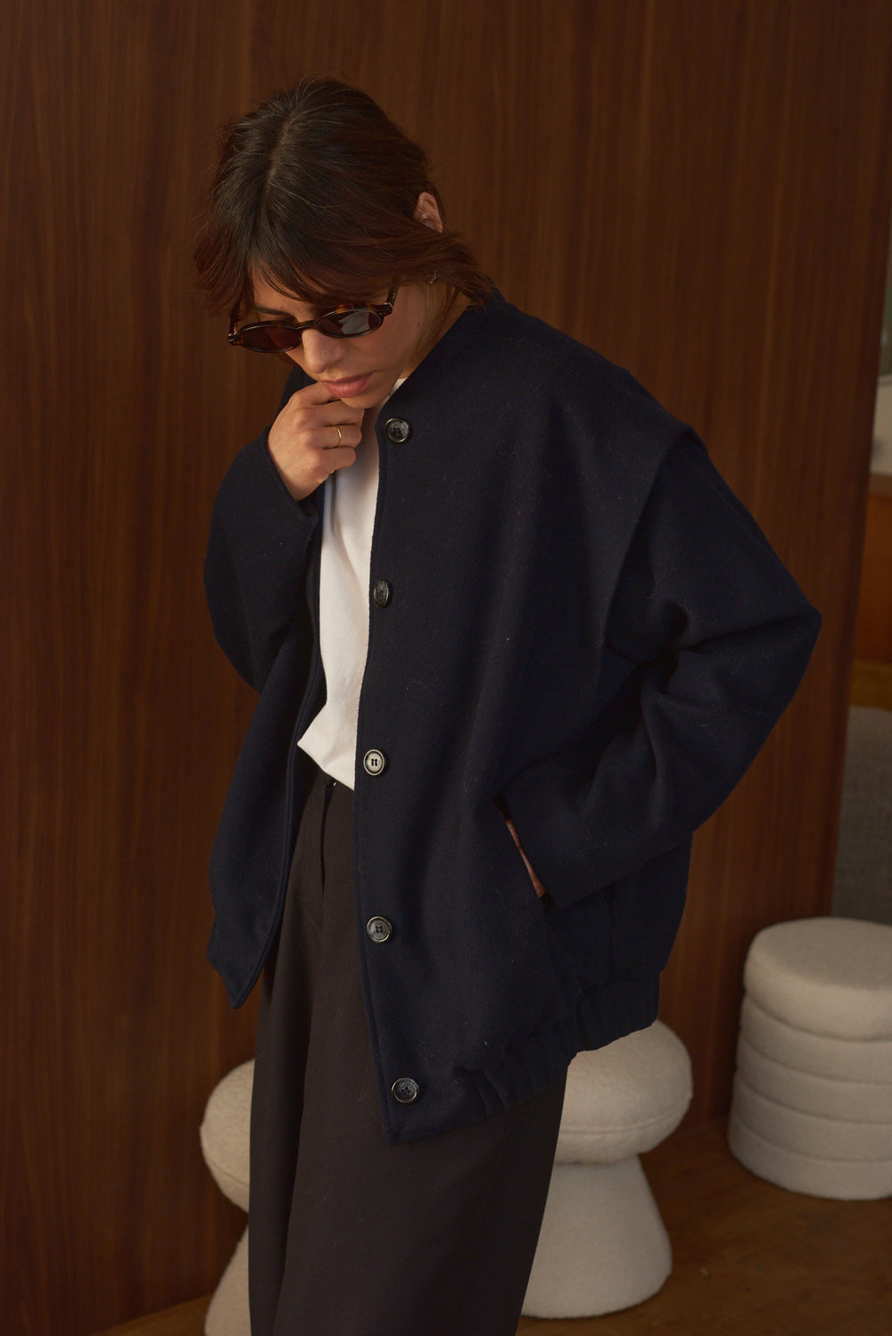 Manteau femme court bleu marine Philo laine et cachemire Marlot Paris