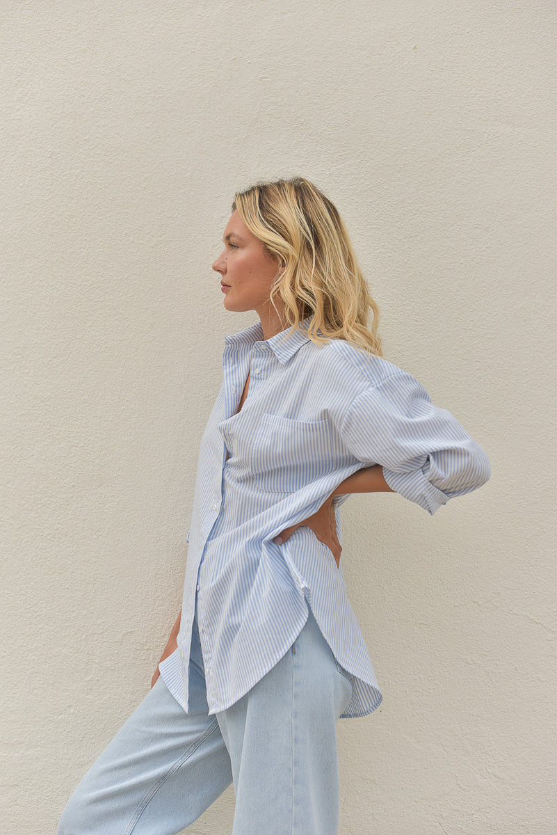 profil chemise femme été rayures fines blanc bleu marlot paris