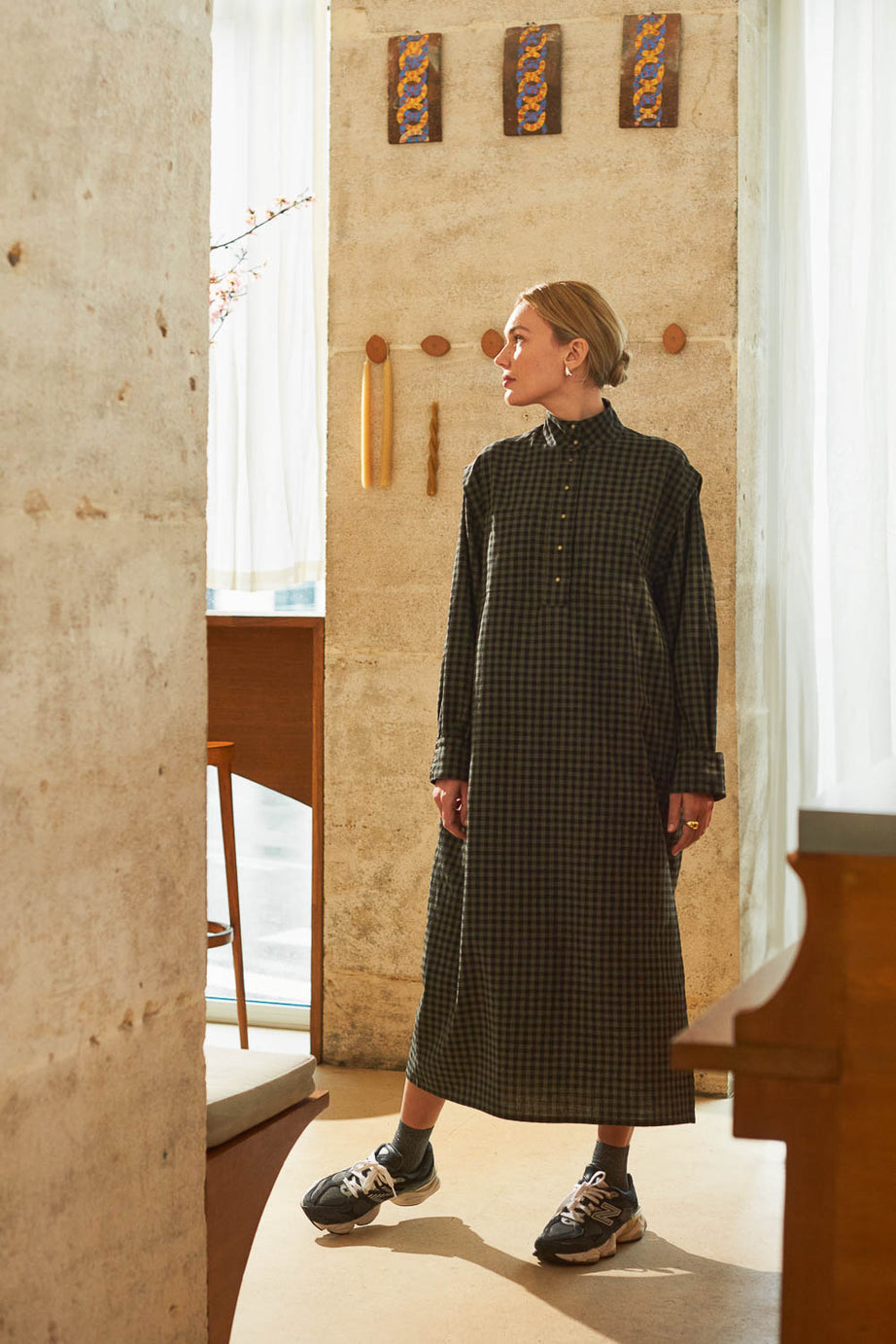 Look femme robe longue à carreaux vichy kaki Marlot Paris