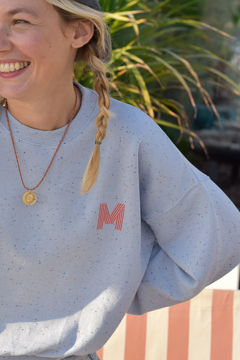 vue de face coupe sweat femme romy ciel moucheté coton bio marlot paris